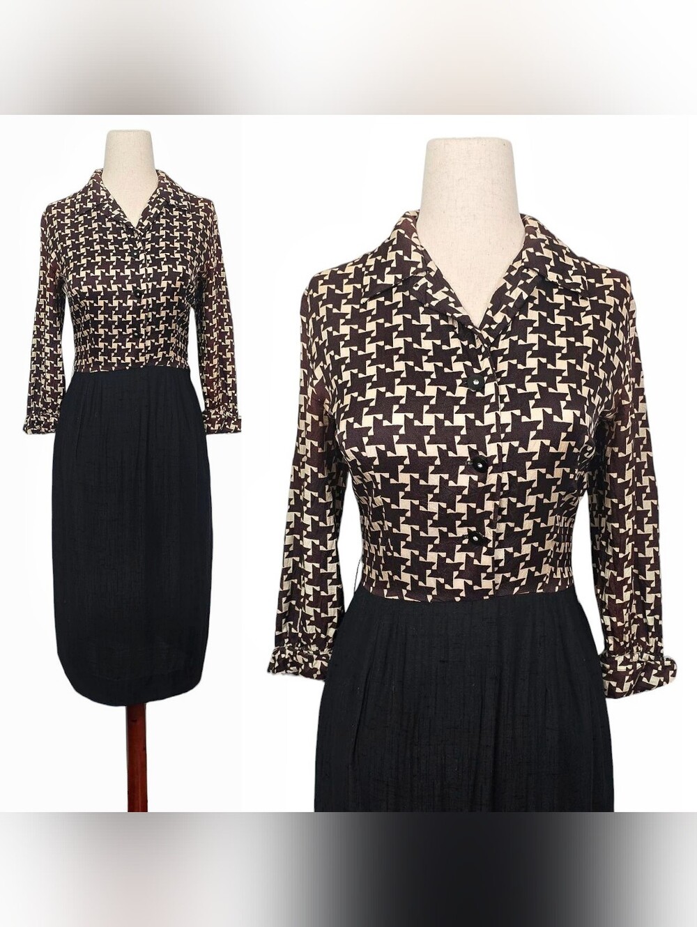 1950s Vintage Dress 50s Cocktail Wiggle Brown Cream Houndstooth Small Leslie Fay